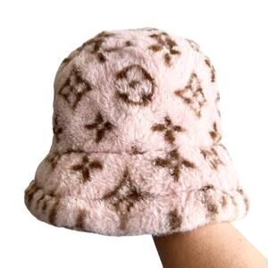Pink Brown Faux Fur Bucket Hat With Print